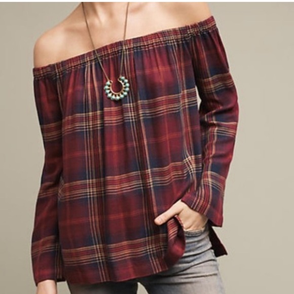 Cloth & Stone for Anthropologie Red Plaid Off Shoulder Top Shirt Blouse Small S - Picture 3 of 5